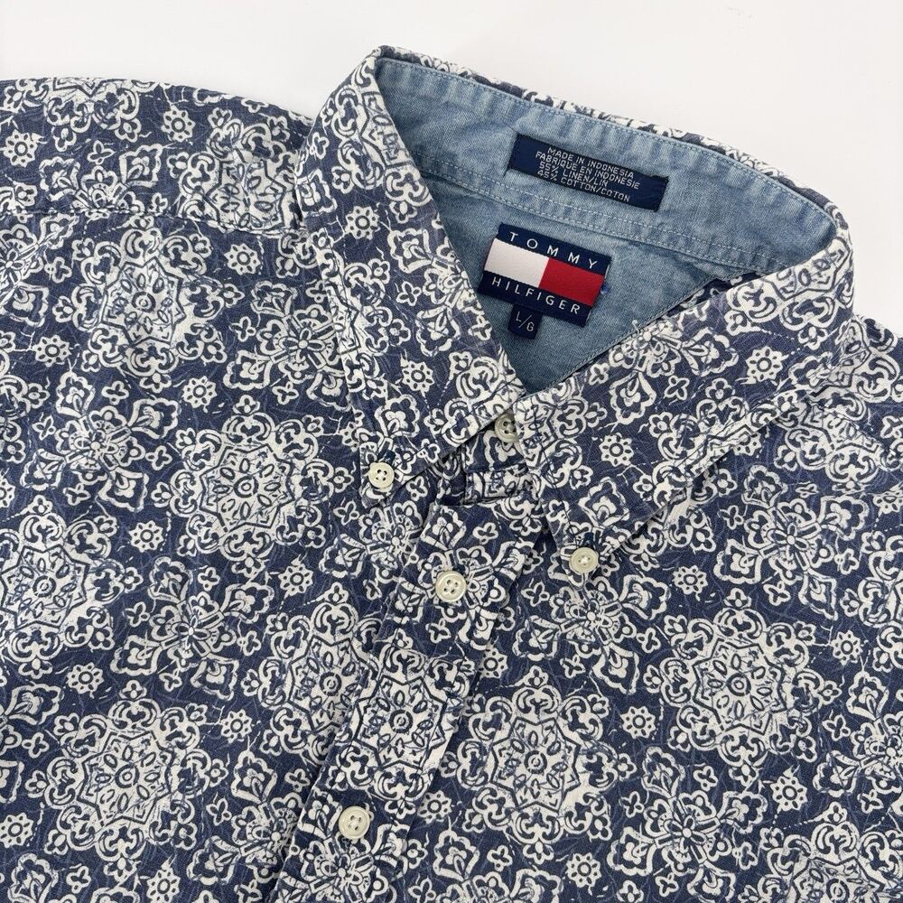 Tommy Hilfiger Men's L Blue White Paisley Linen Cotton Short Sleeve Shirt